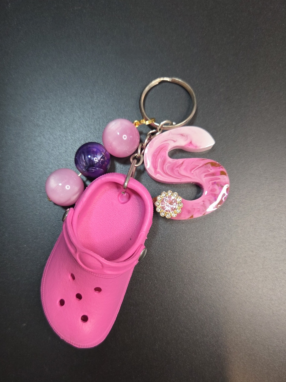 Pink Mini Clog Keychain with Bead Charm and Resin 'S' Initial